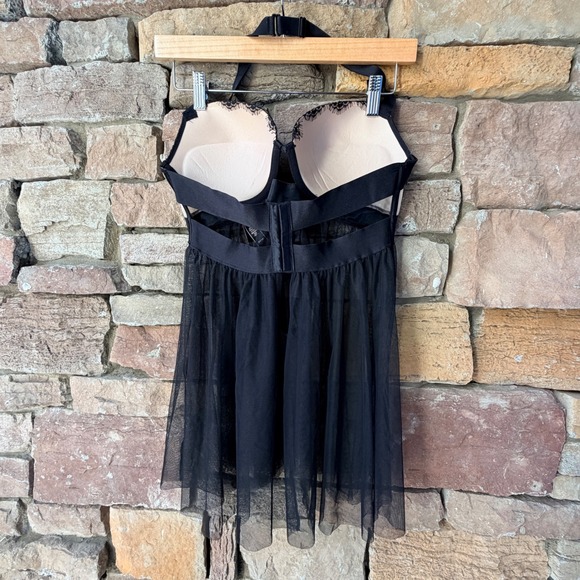 Victoria Secret Black Lace Tulle Babydoll Chemise Padded Halter Bra 36D LINGERIE - Picture 3 of 12